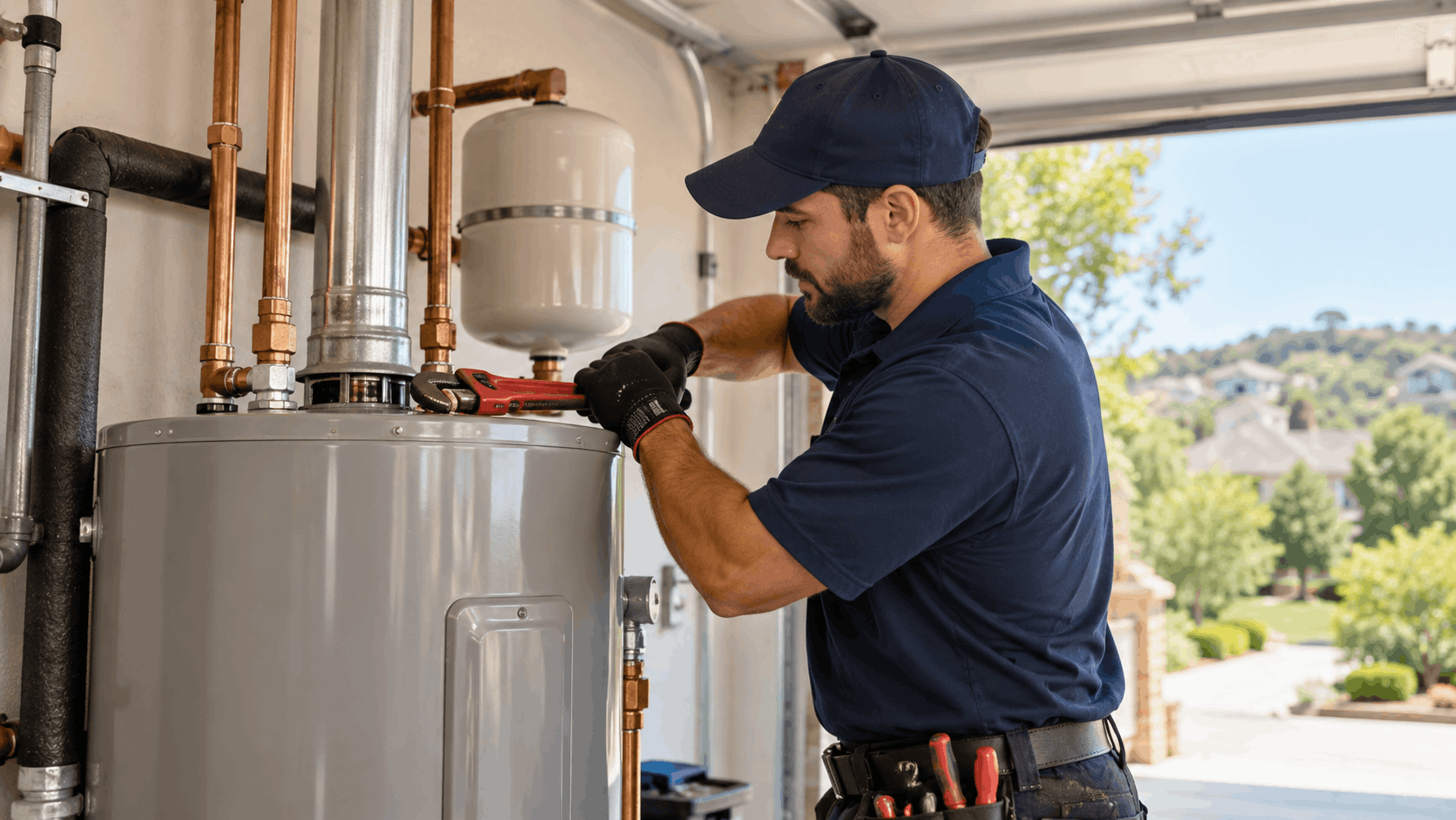 Plumber using pipe wrench to service water heater with expansion tank in garage