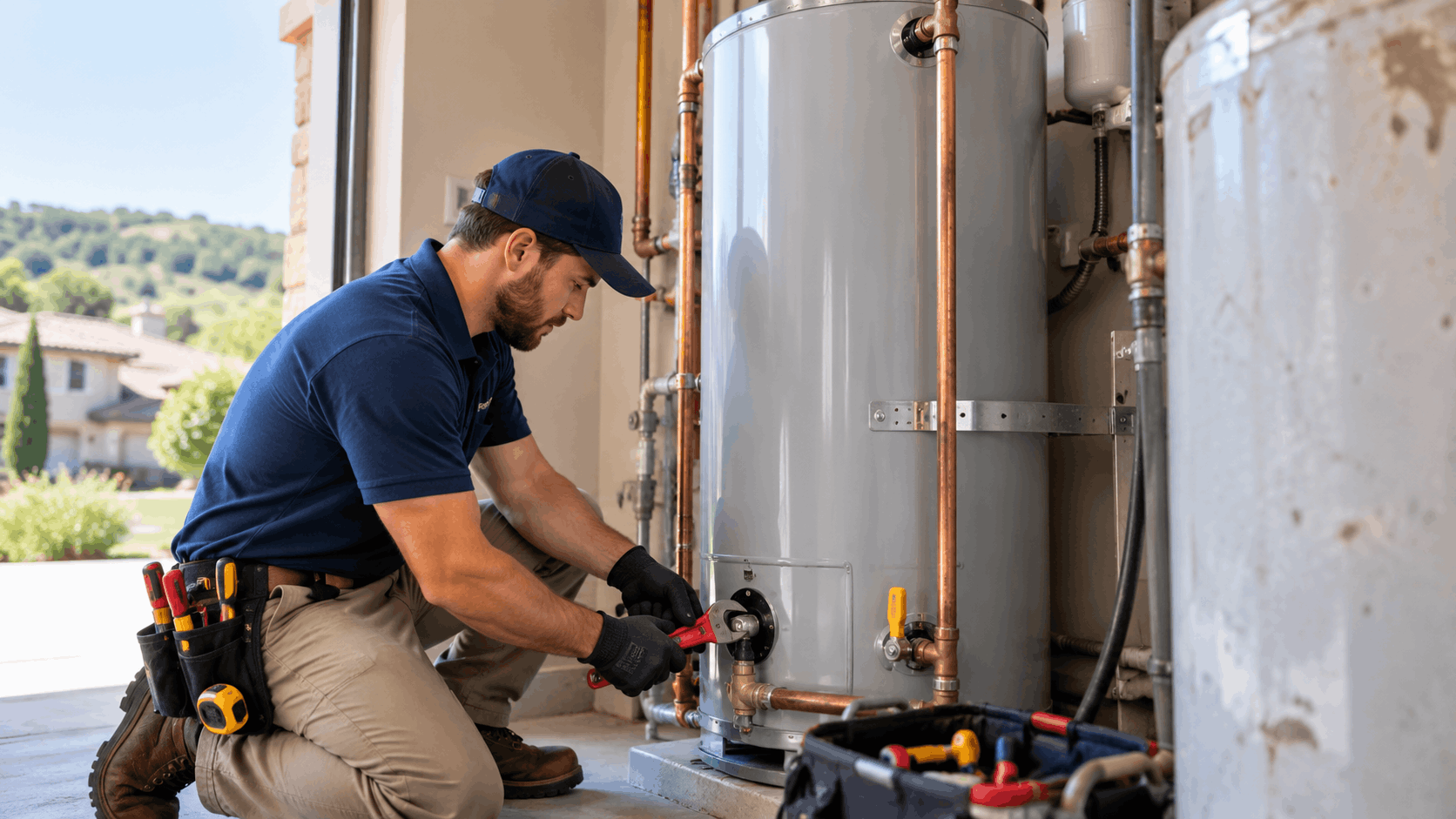 Plumber installing water heater with copper pipes at Las Vegas residential property