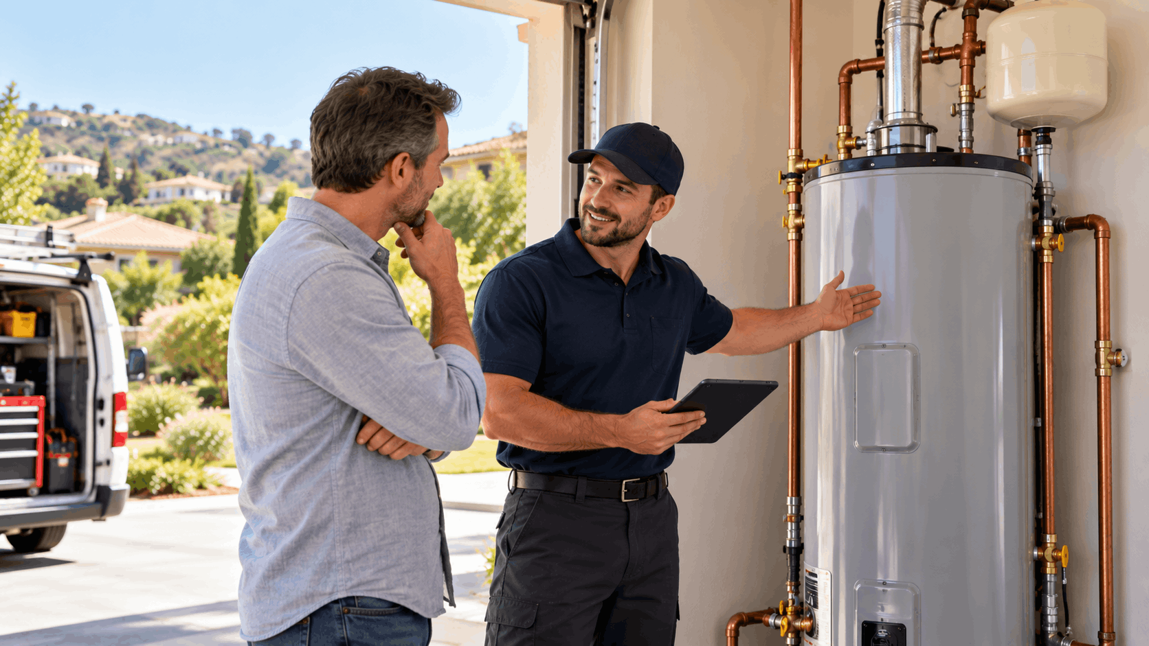 Plumber explaining hard water effects on water heater to Las Vegas homeowner in garage