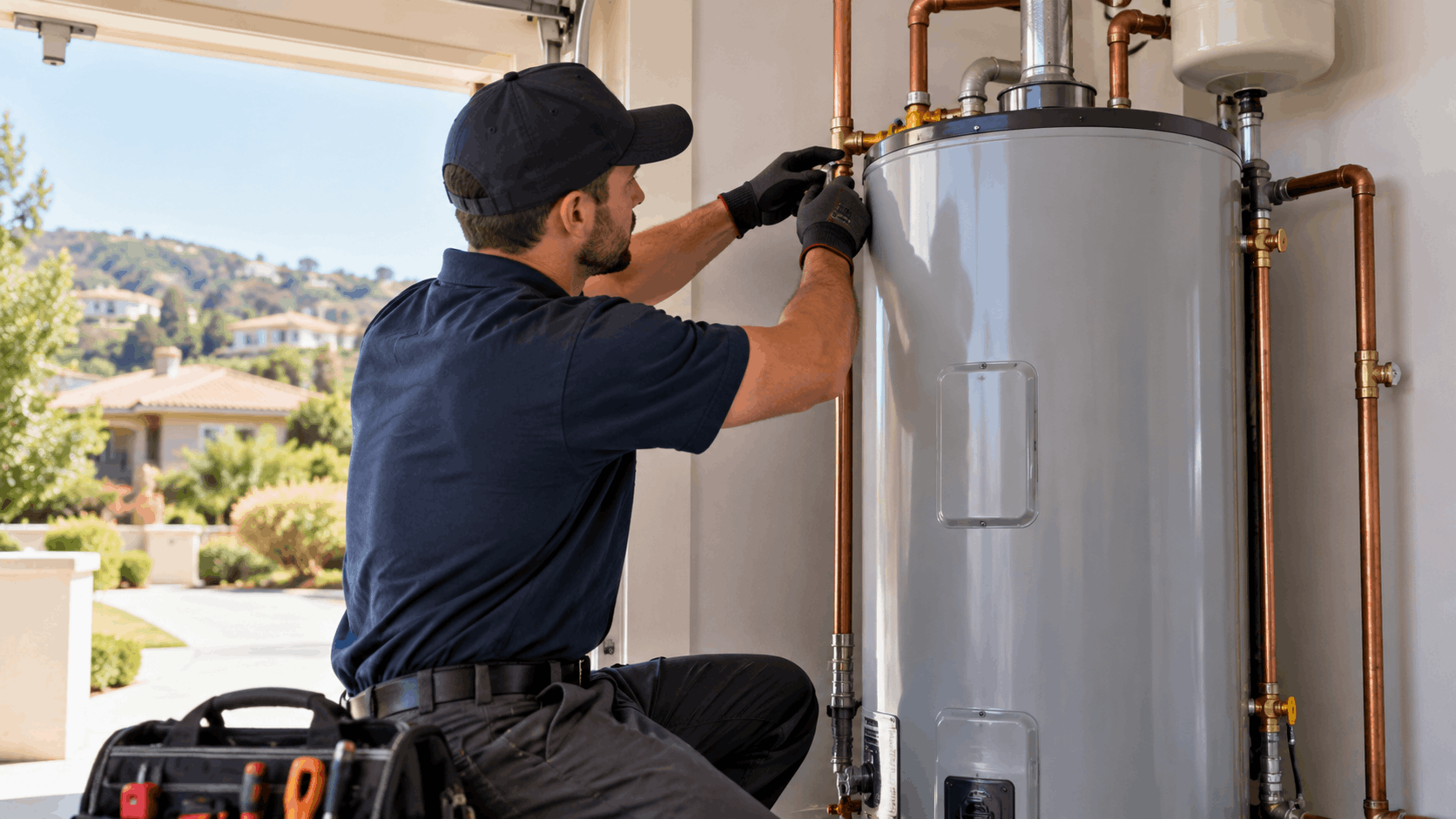 Plumber inspecting copper pipe connections on residential water heater in garage