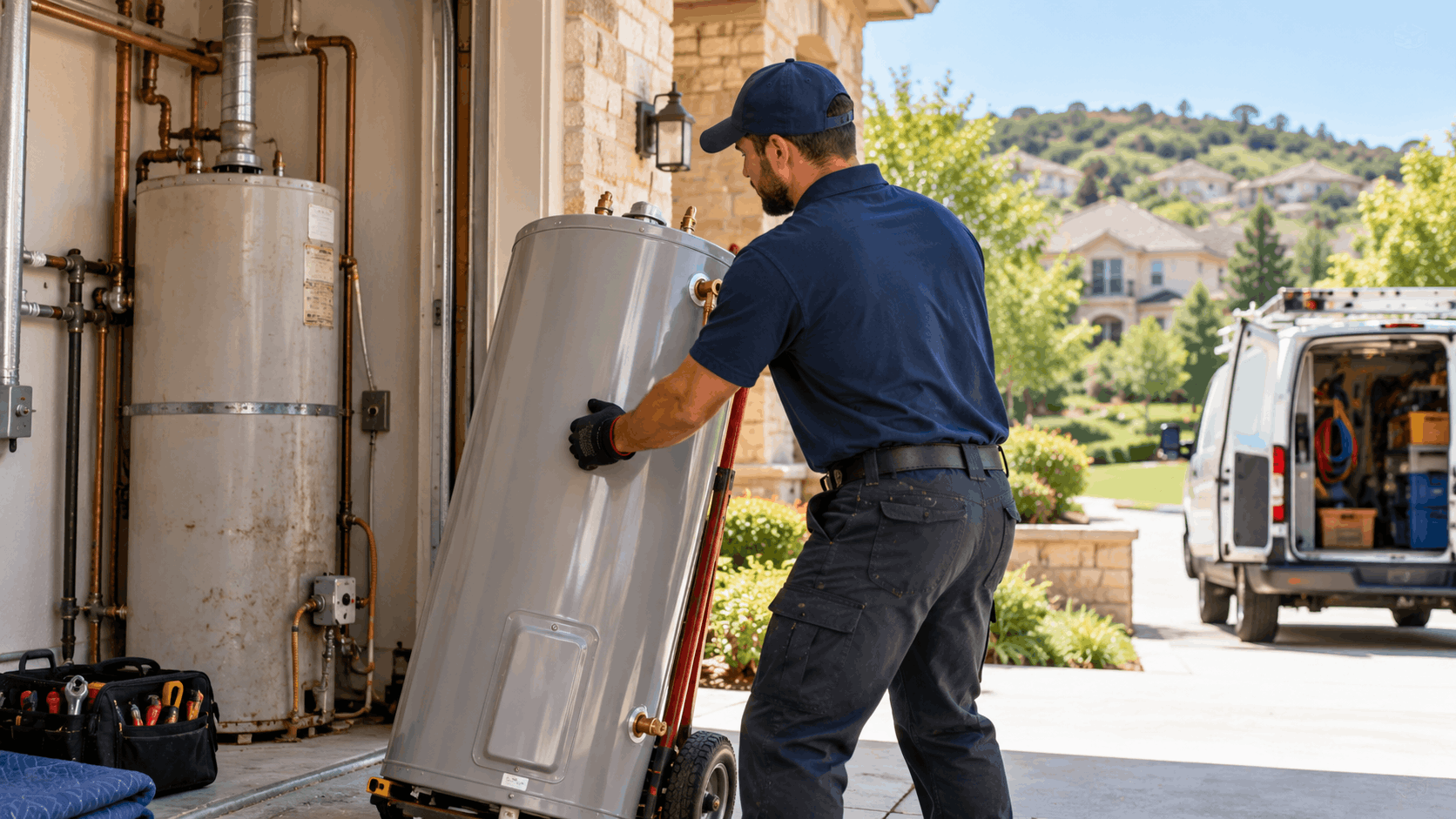 Plumber delivering new water heater on dolly for Las Vegas home replacement installation