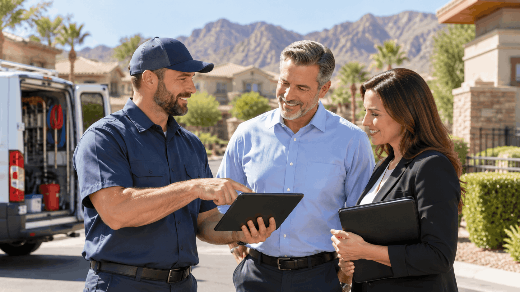 Summerlin plumber showing tablet estimate to homeowners outside Las Vegas suburban home