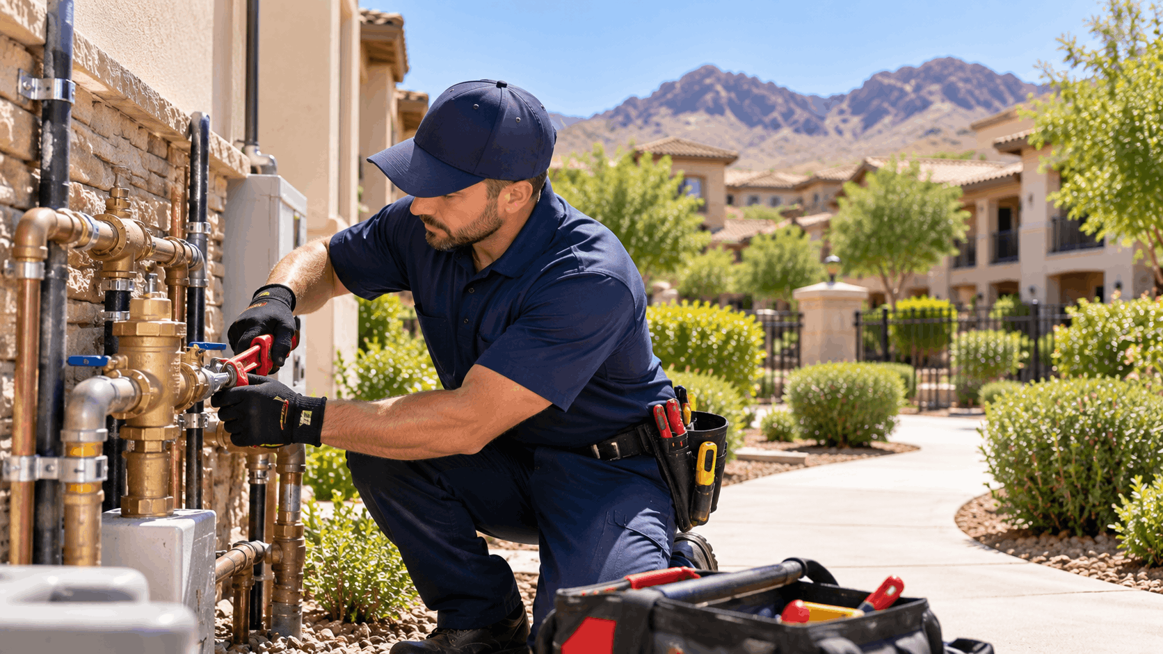 Plumber repairing brass pipe fittings on Las Vegas residential building exterior
