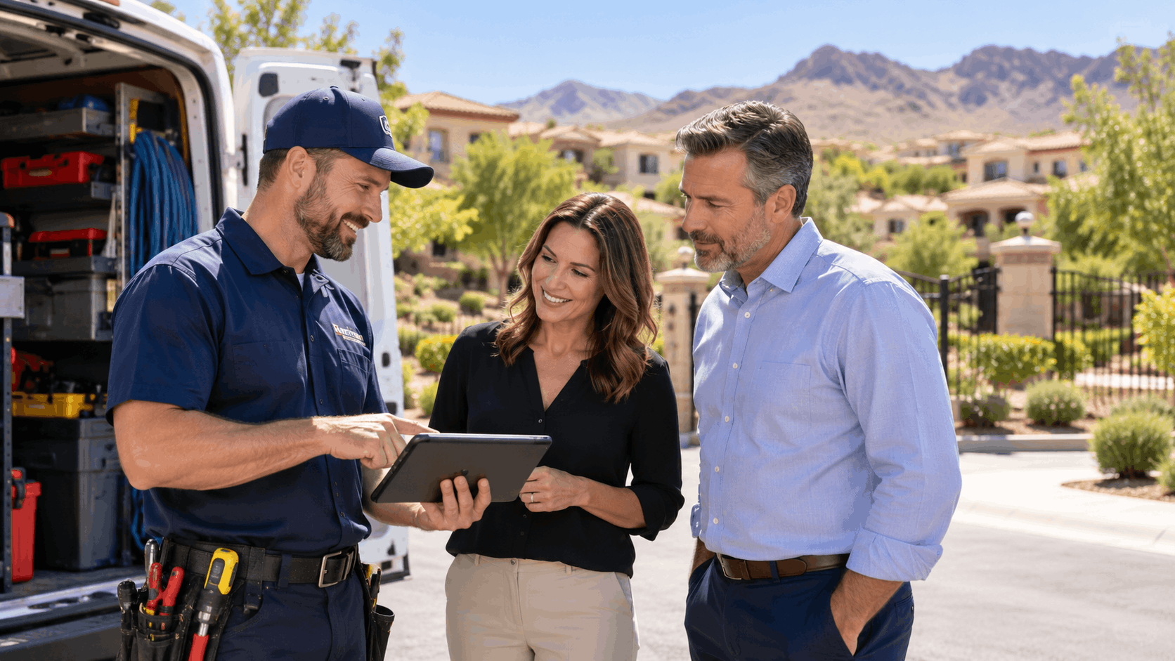 Plumber showing tablet to homeowners beside service van in Summerlin Las Vegas neighborhood