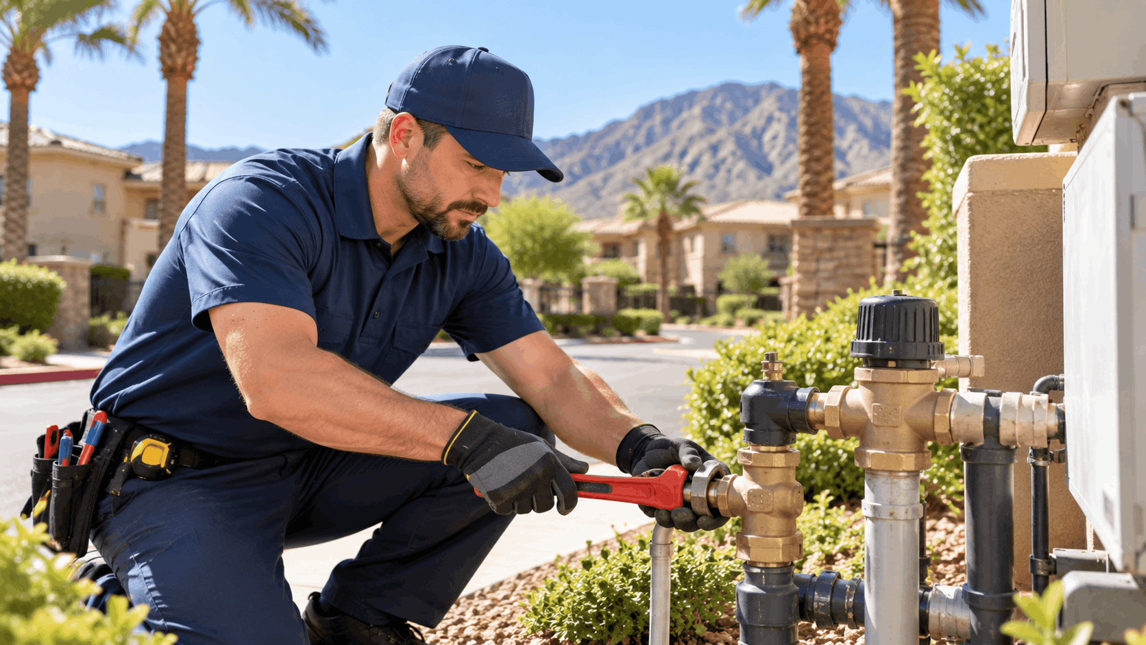 Plumber tightening brass pipe valves with wrench at Summerlin Las Vegas property