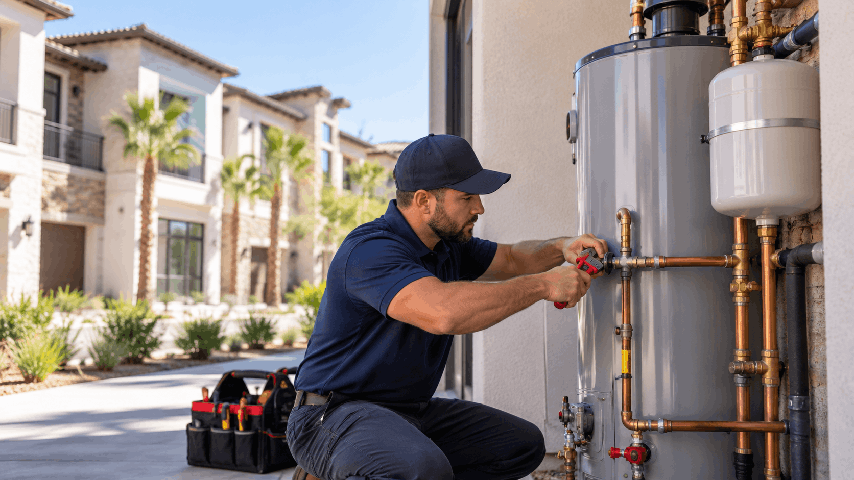 Plumber replacing water heater with copper pipes at Spanish Trail Las Vegas home