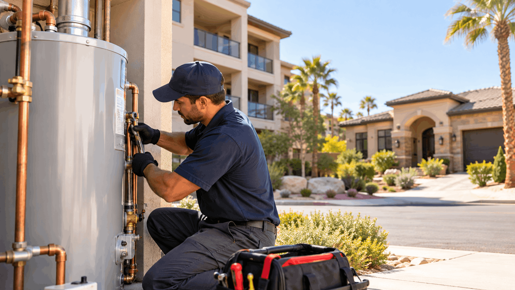 Plumber servicing outdoor water heater with copper pipes at Las Vegas residential property