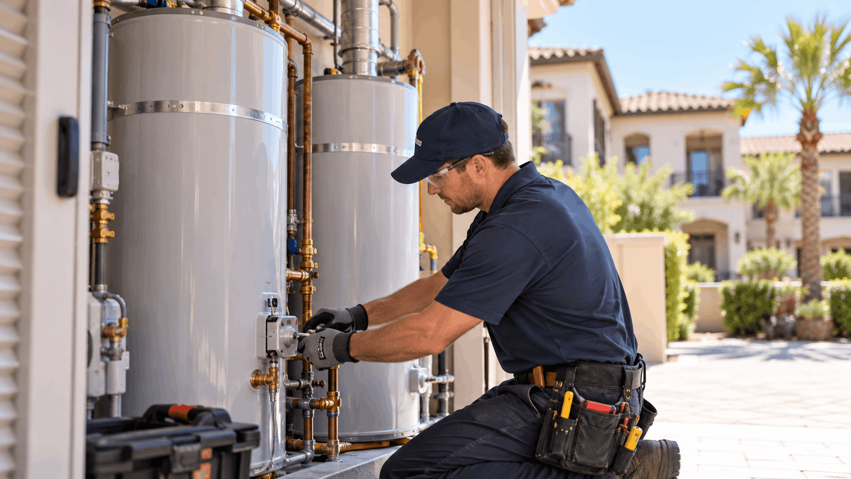 Plumber servicing multiple water heaters with copper pipes at Las Vegas residential property