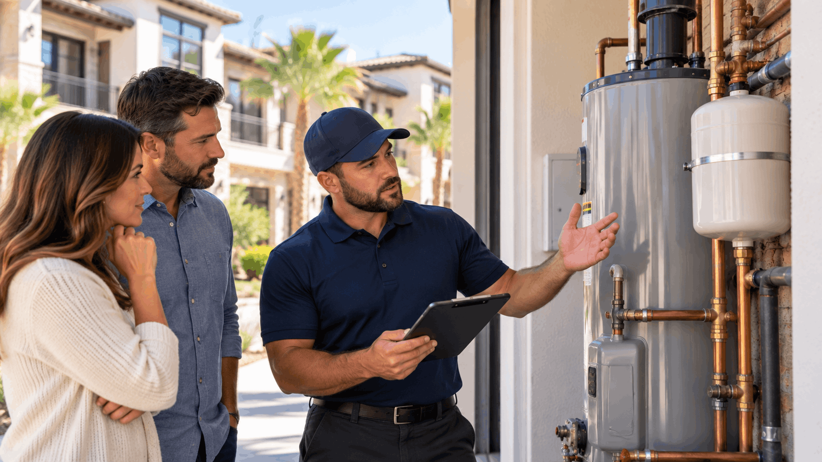 Las Vegas plumber explaining water heater repair options to homeowners using tablet