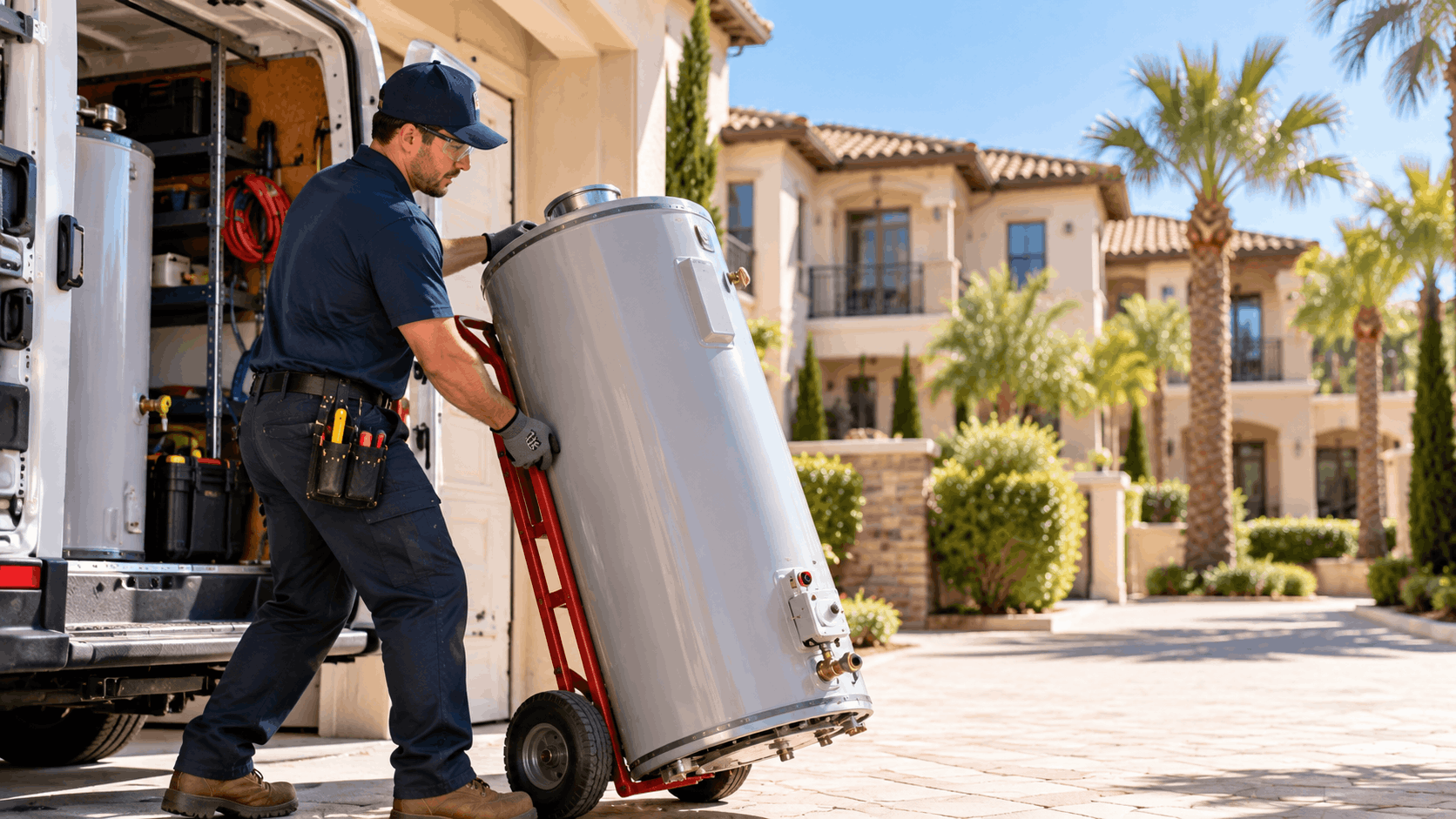 Active Plumbing technician unloading water heater on dolly at Las Vegas Spanish Trail home