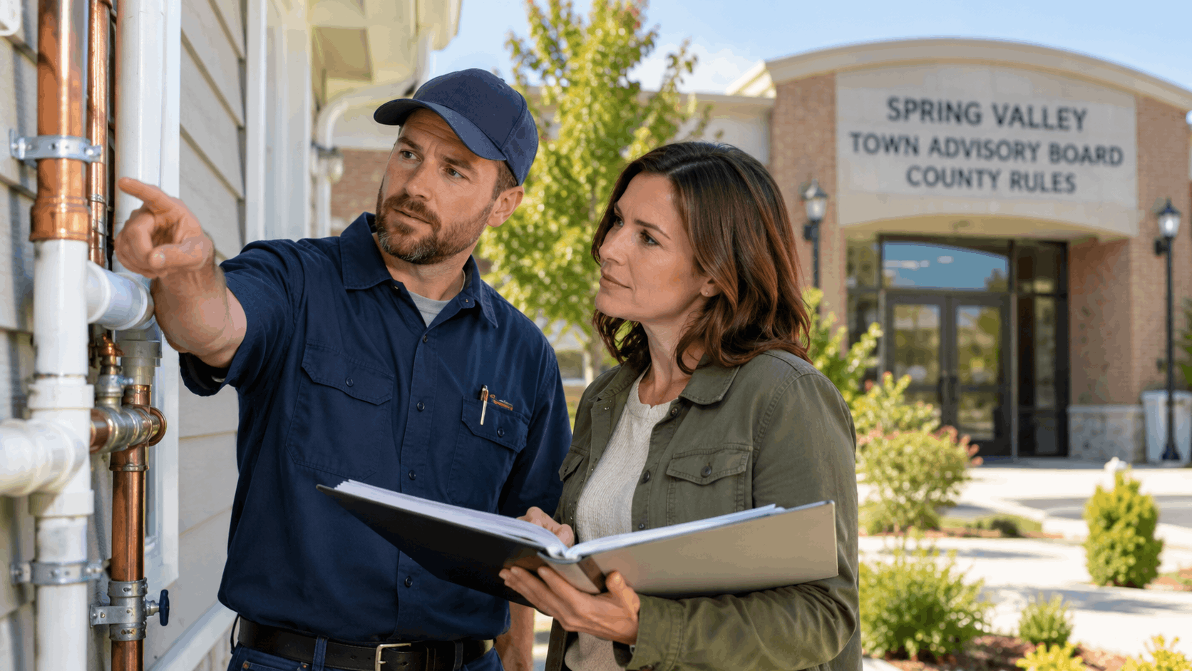 Plumber and inspector reviewing pipes outside Spring Valley Town Advisory Board building