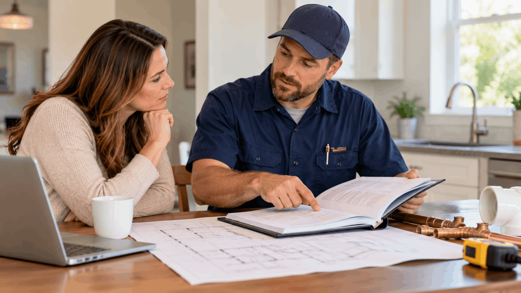 Plumber reviewing permit documents with homeowner at kitchen table in Las Vegas