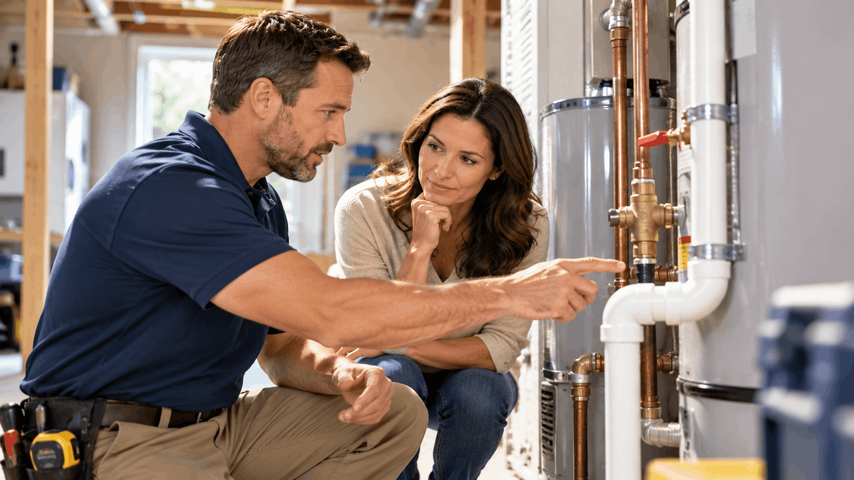 Plumber explaining permitted water heater pipe work to homeowner in Spring Valley basement