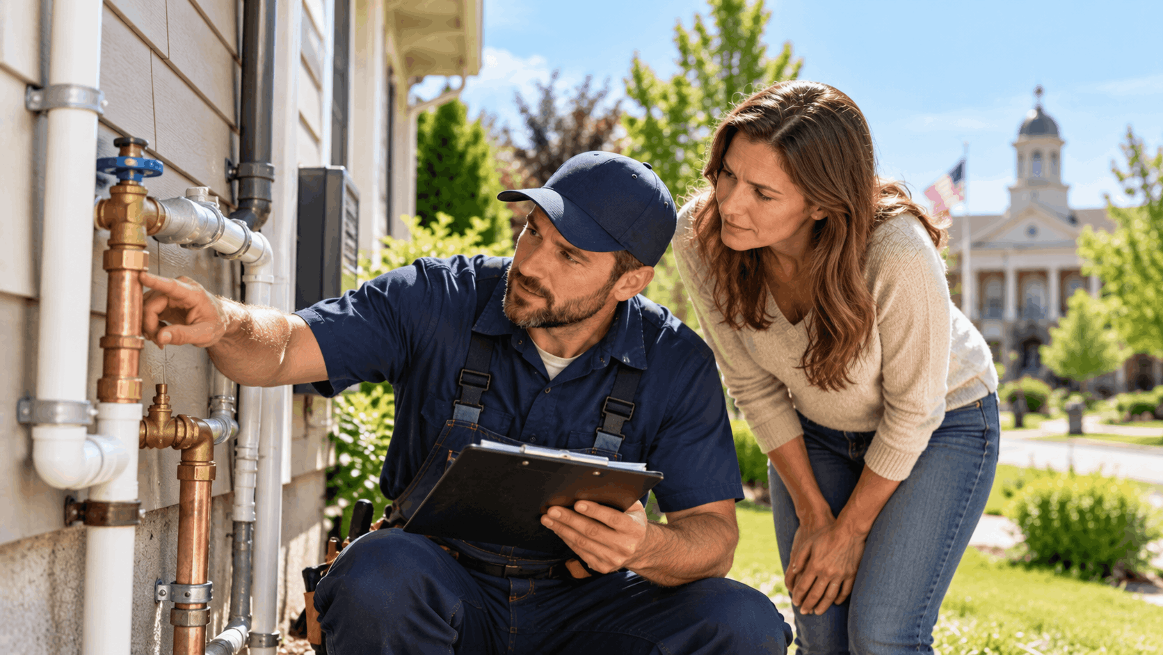 Plumber inspecting outdoor copper pipes with homeowner during Spring Valley plumbing consultation