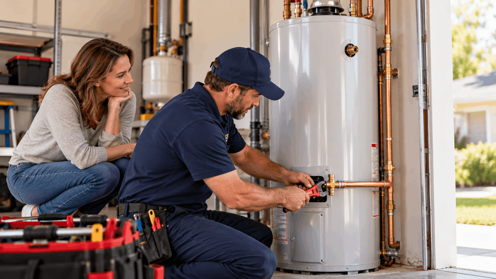 Plumber replacing water heater with copper pipes while homeowner watches in garage