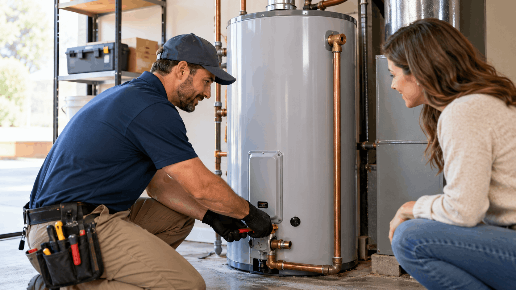 Plumber servicing water heater copper pipes while homeowner watches in garage