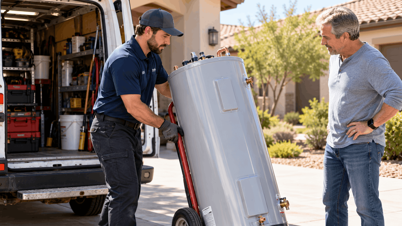 Plumber delivering water heater on dolly to Las Vegas homeowner from service van