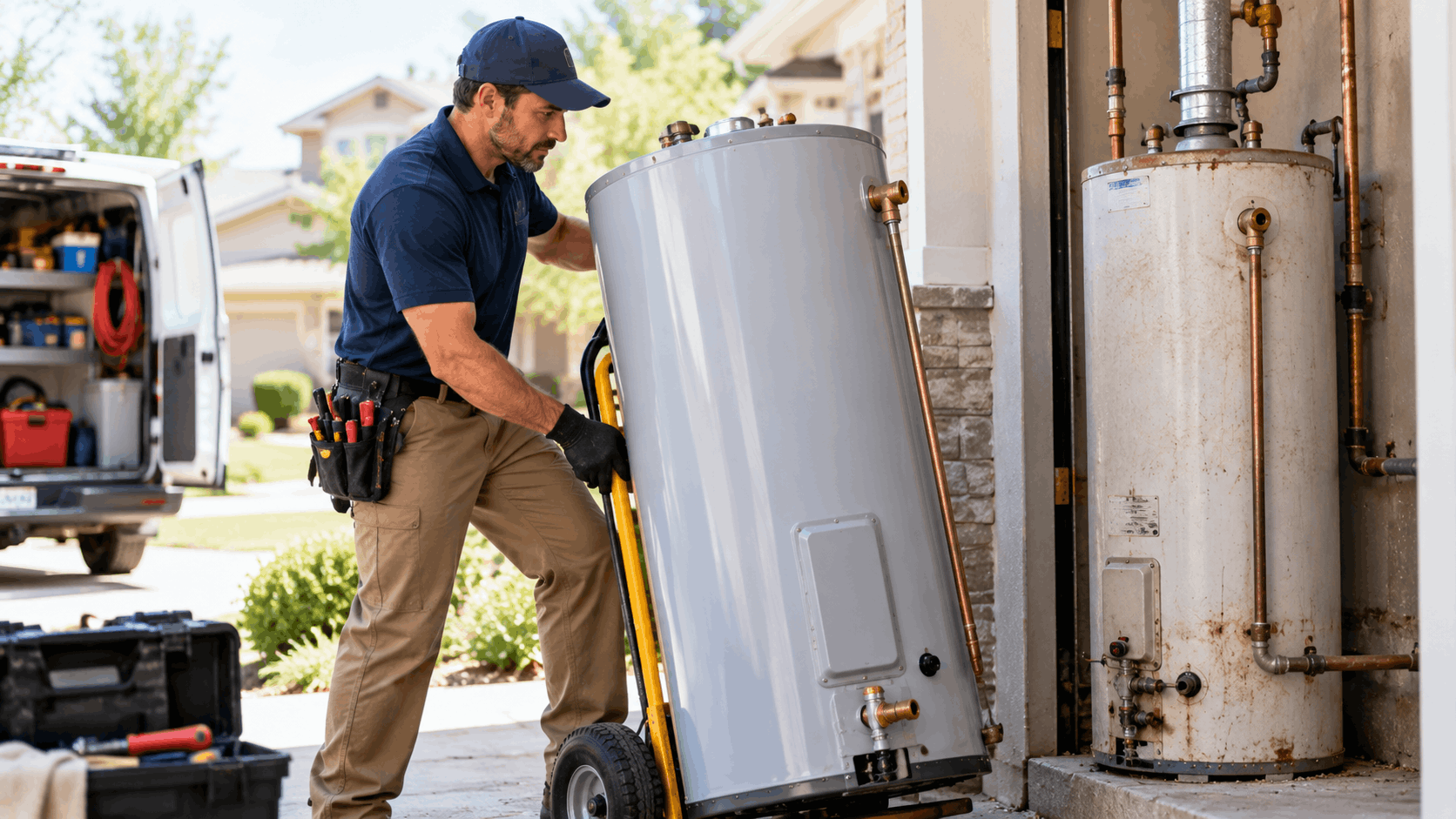 Plumber delivering new water heater on hand truck to Las Vegas home installation site