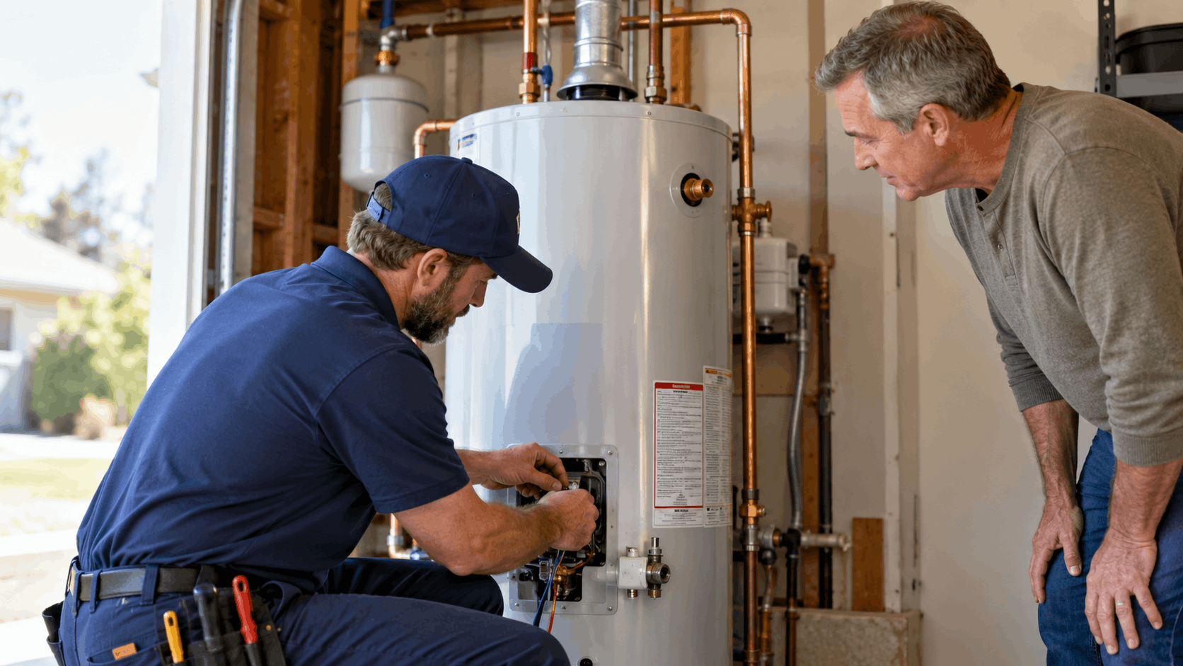 Plumber repairing water heater while homeowner watches in Las Vegas garage
