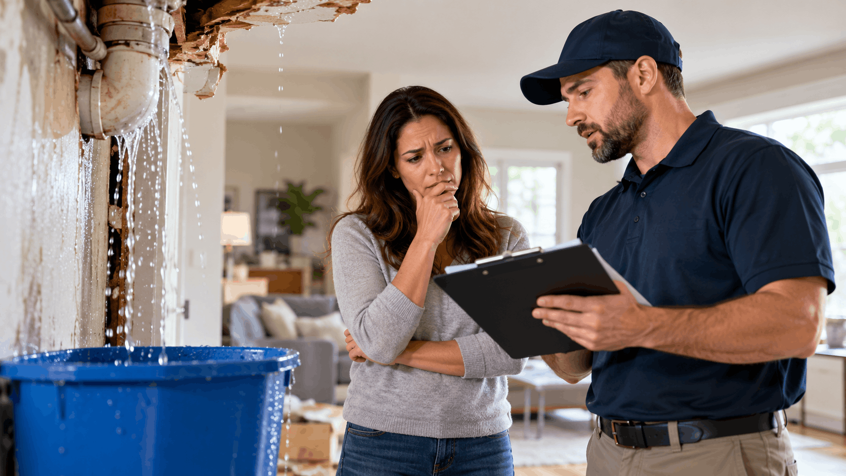 Homeowner reviewing burst pipe water damage assessment with plumber holding clipboard