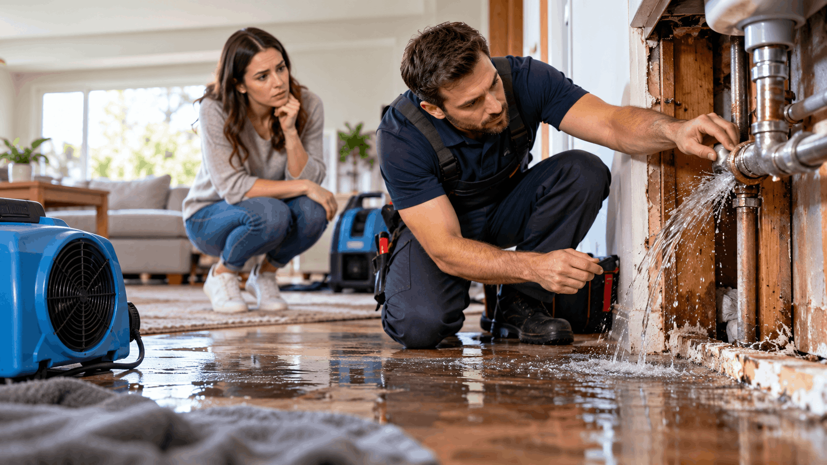 Plumber repairing burst pipe while worried homeowner watches water flood Las Vegas home