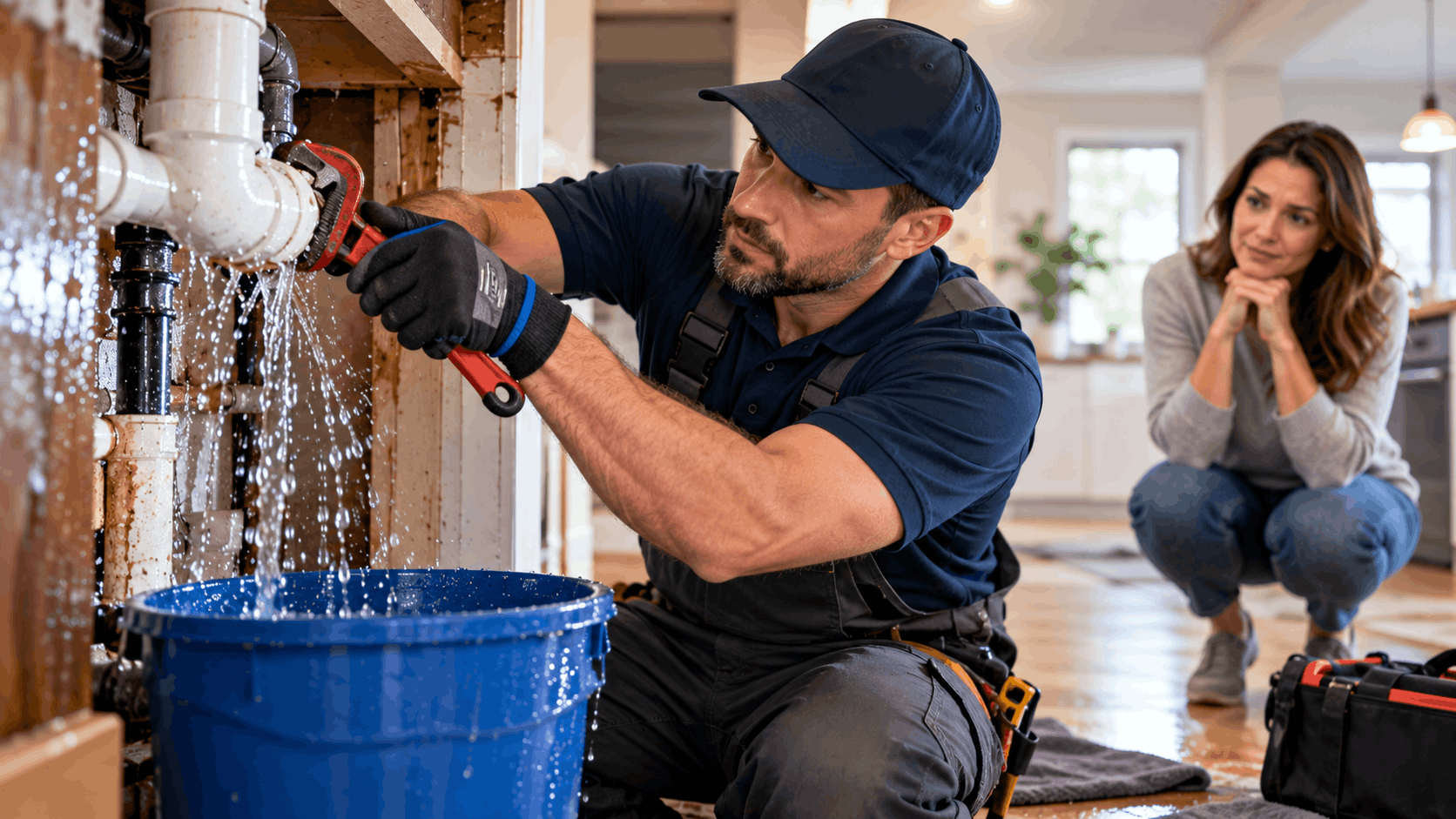 Plumber using pipe wrench to fix burst water pipe leak in Spring Valley home