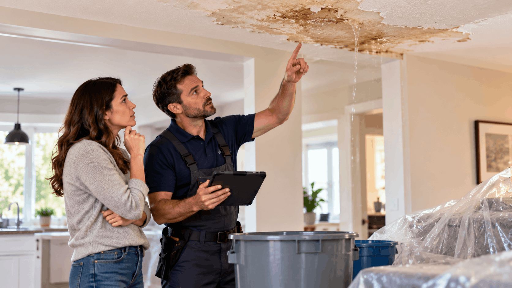 Plumber inspecting severe ceiling water damage with homeowner in Las Vegas residence