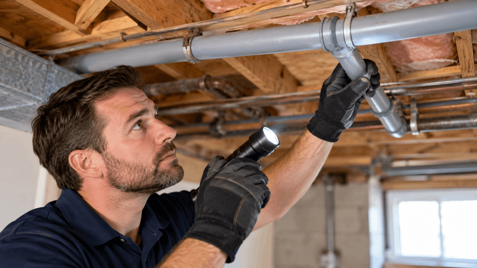 Plumber inspecting polybutylene pipes under floor joists with flashlight and gloves
