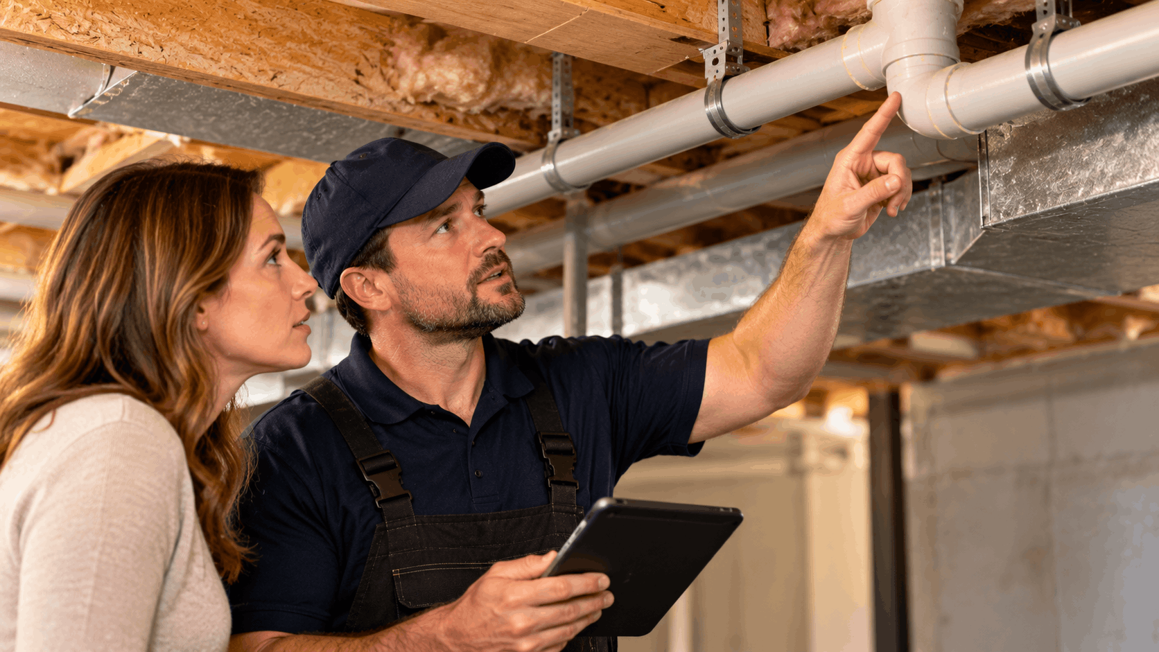 HVAC technician pointing at PVC pipes and ductwork in basement with homeowner
