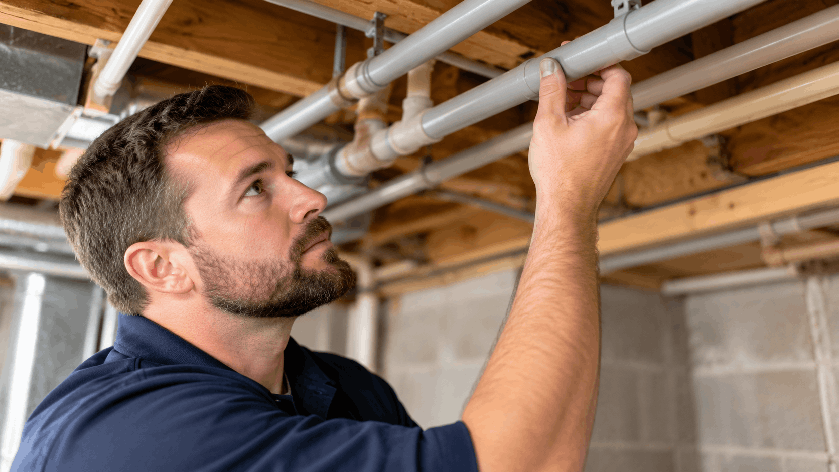 Plumber inspecting PVC pipes on basement ceiling during whole-house repipe installation