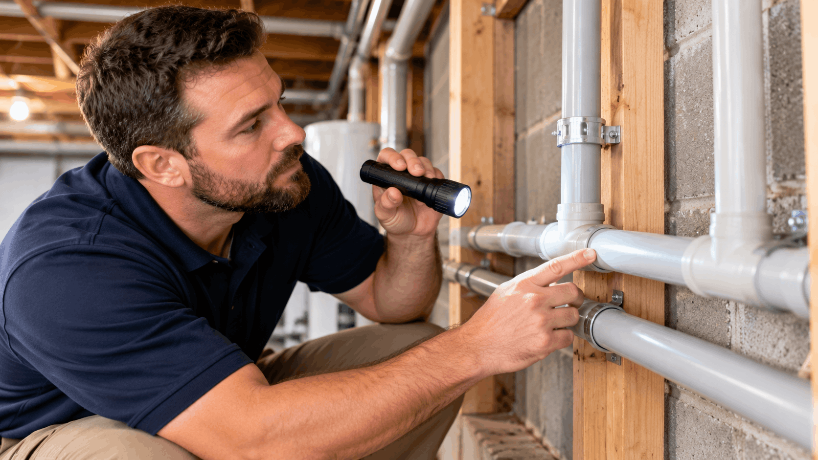 Licensed plumber inspecting PVC pipes with flashlight in basement utility room