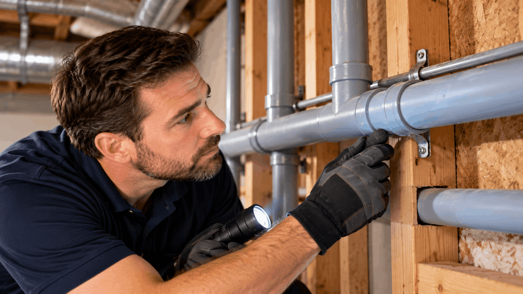 Plumber inspecting polybutylene pipes with flashlight and gloves in Las Vegas home