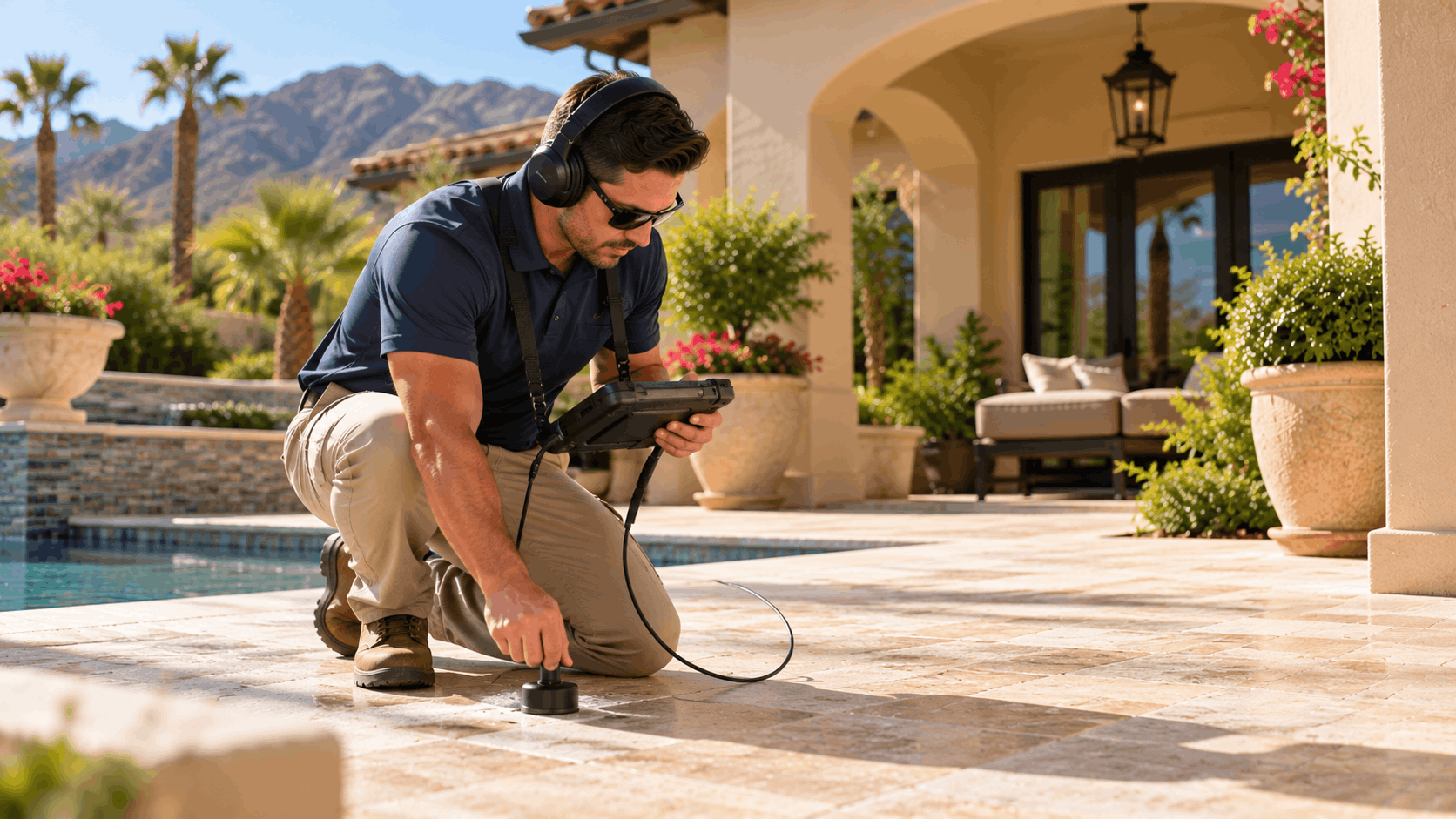 Plumber using electronic leak detection equipment on travertine pool patio in Las Vegas