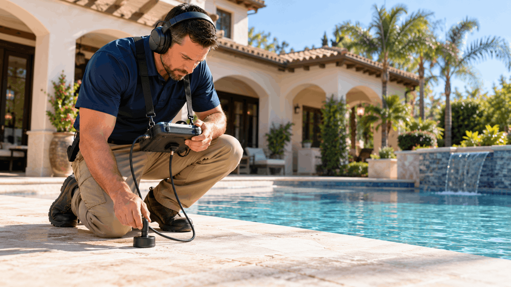 Pool leak detection technician using acoustic listening equipment on luxury estate pool deck