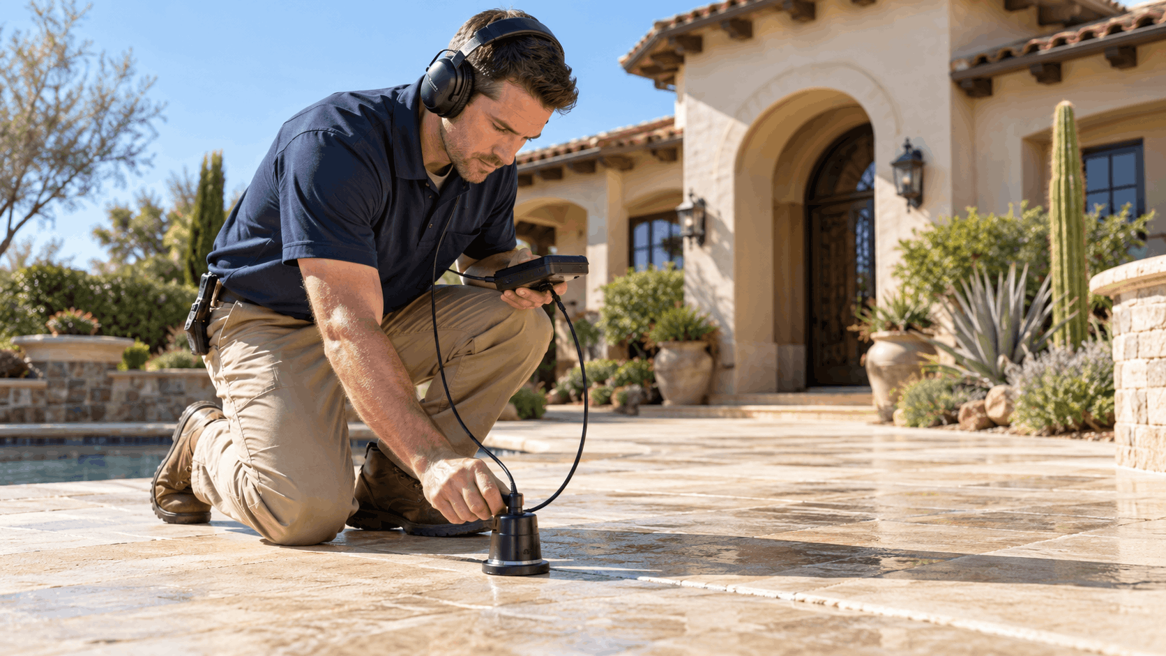 Plumber using electronic leak detection equipment on stone patio near luxury home