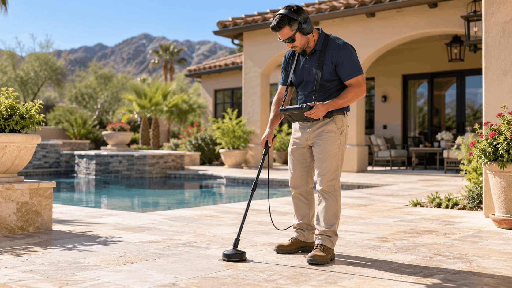 Plumber using electronic leak detection equipment on luxury pool patio in Las Vegas