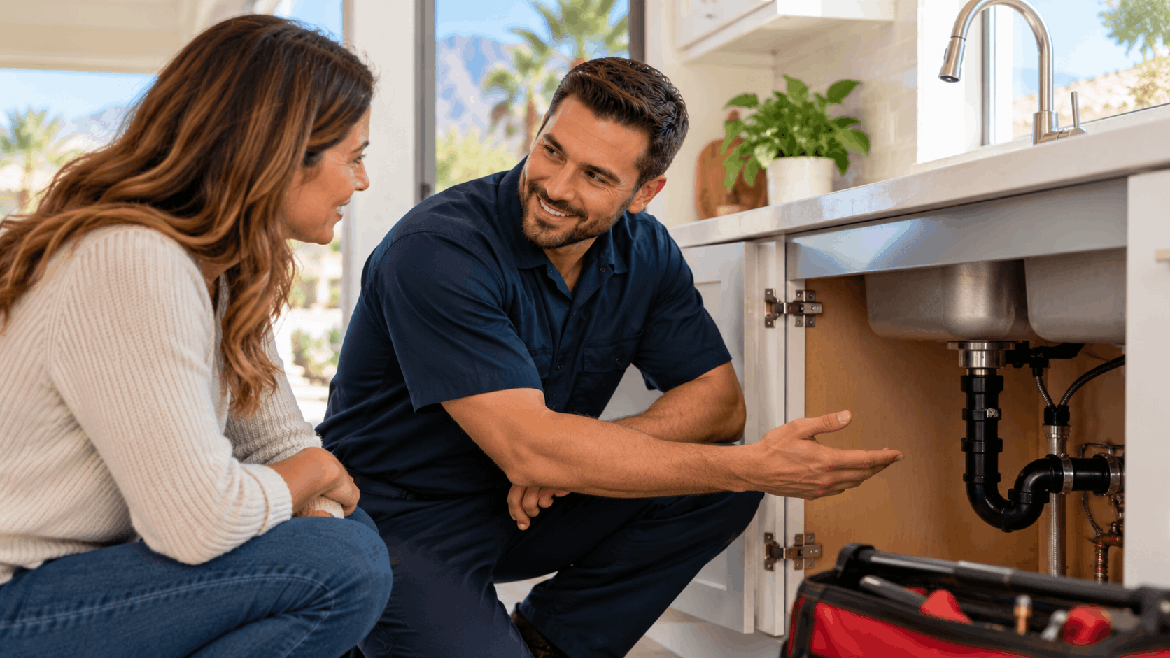 Friendly Las Vegas plumber explaining under-sink pipes to smiling homeowner in kitchen