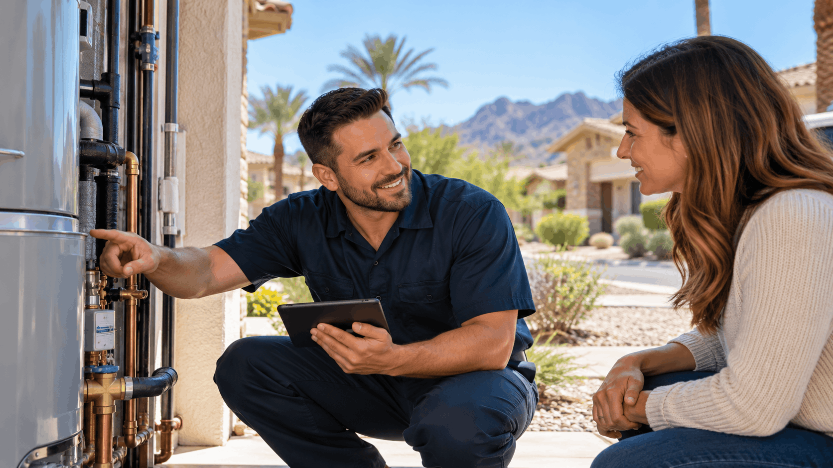Plumber explaining water heater pipe system to Summerlin homeowner with tablet outdoors