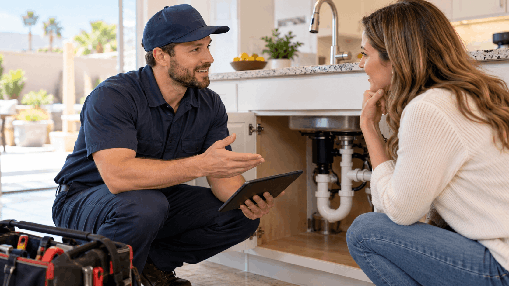 Active Plumbing technician explaining kitchen sink repair to Summerlin homeowner using tablet
