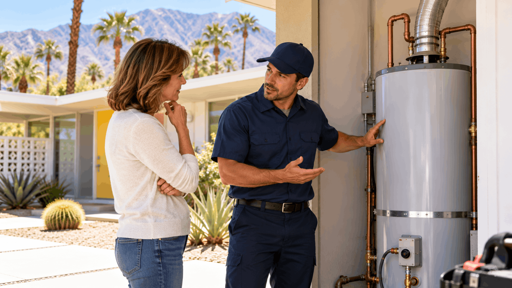 Plumber explaining water heater replacement costs to homeowner at desert home