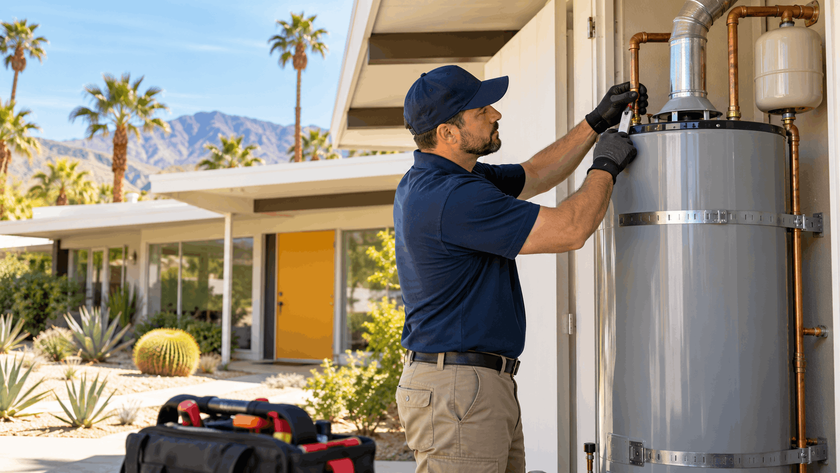 Plumber servicing outdoor gas water heater with copper pipes at desert home
