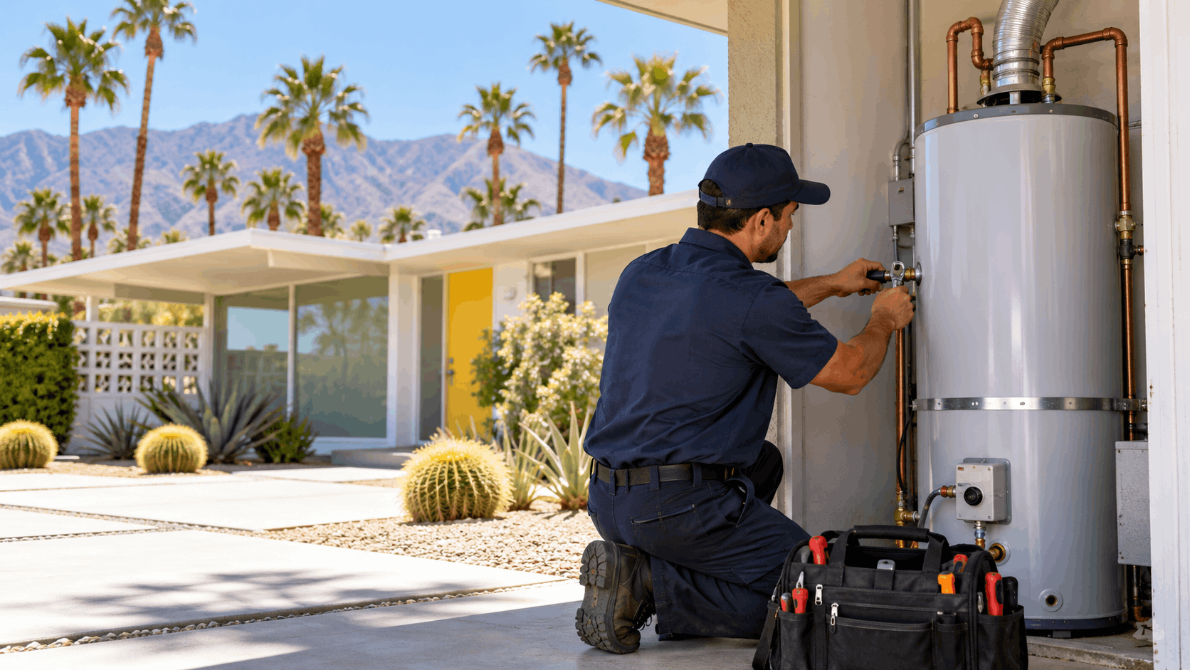 Plumber servicing a tank water heater outside a mid-century modern desert home