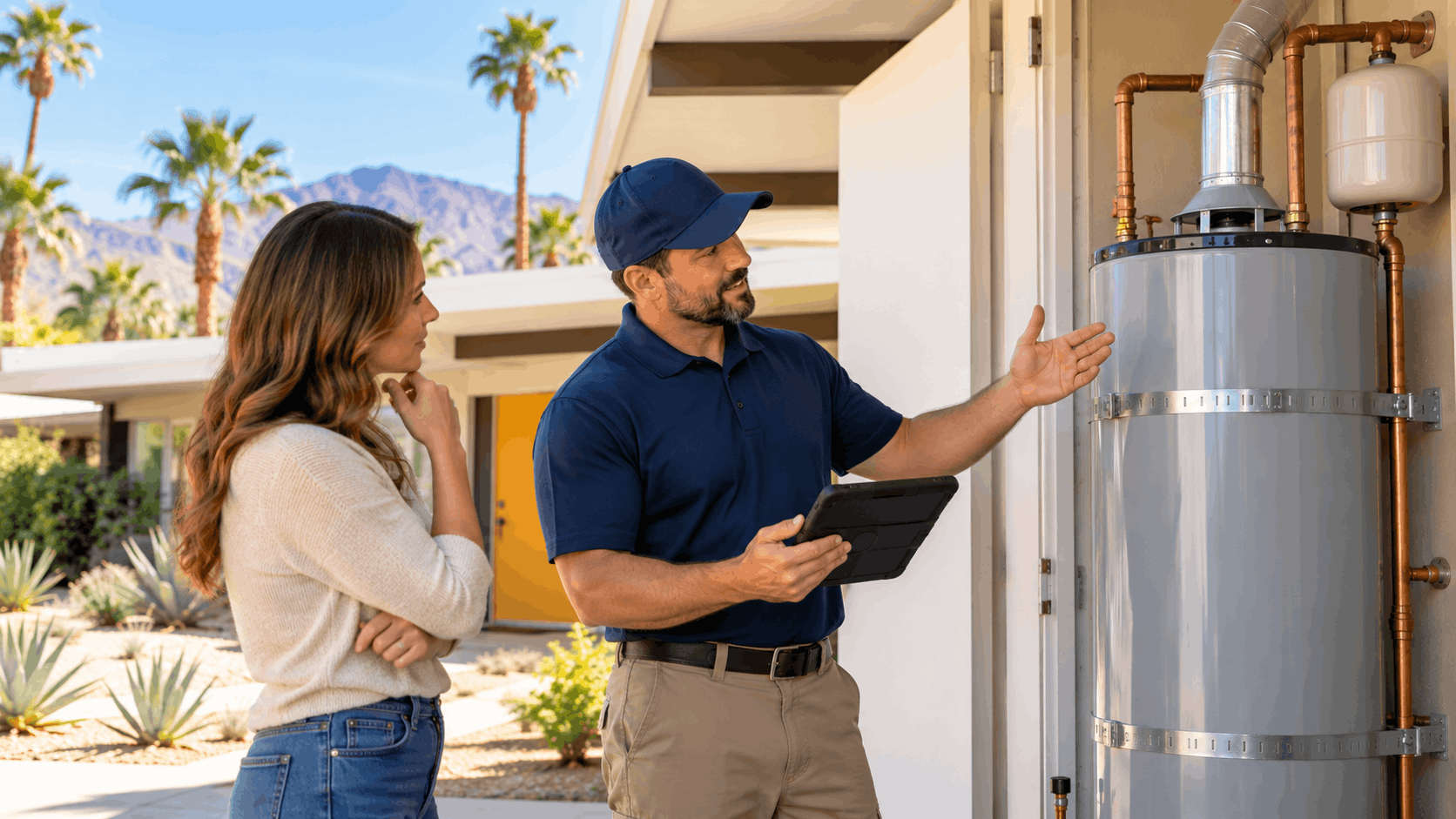 Plumber explaining water heater replacement to homeowner outside Las Vegas desert home