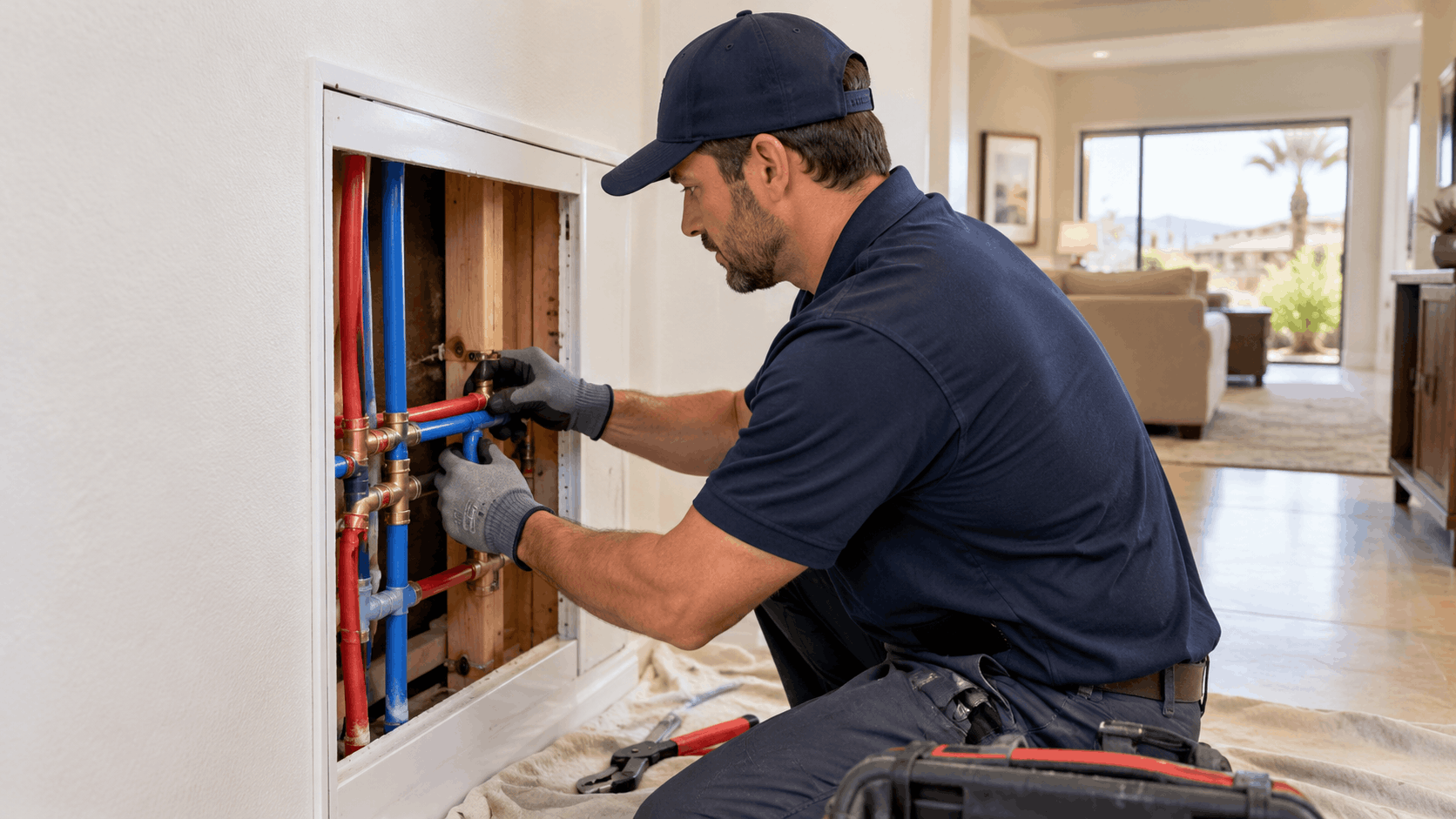 Licensed plumber repiping red and blue PEX pipes inside Las Vegas home wall