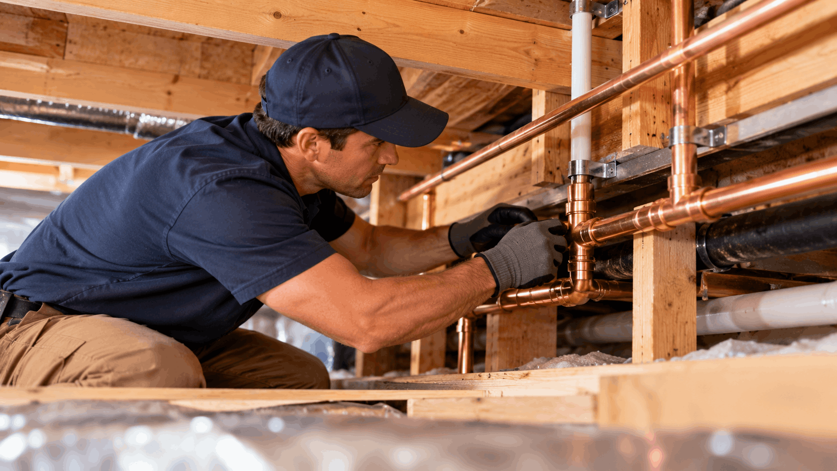 Plumber installing copper repipe connections beneath Las Vegas home crawl space flooring