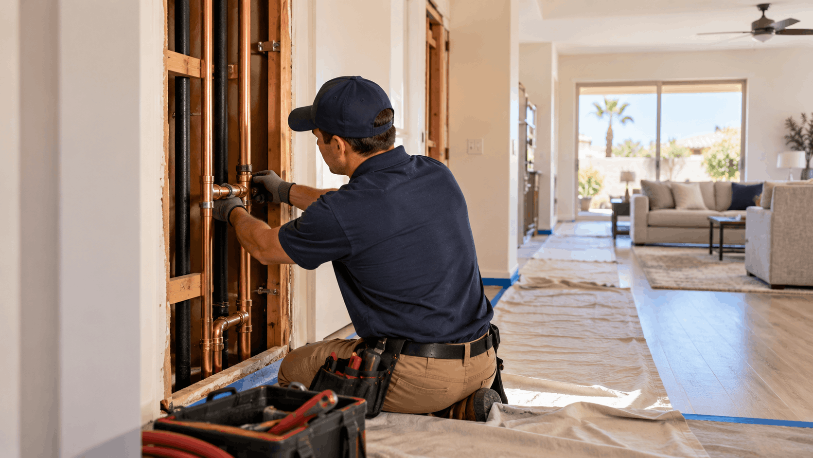 Licensed plumber installing copper pipes inside open wall of Las Vegas home
