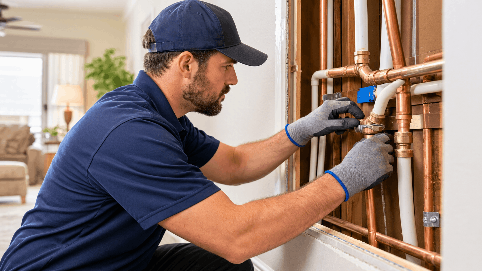 Licensed plumber installing copper pipes and valves inside Las Vegas home wall