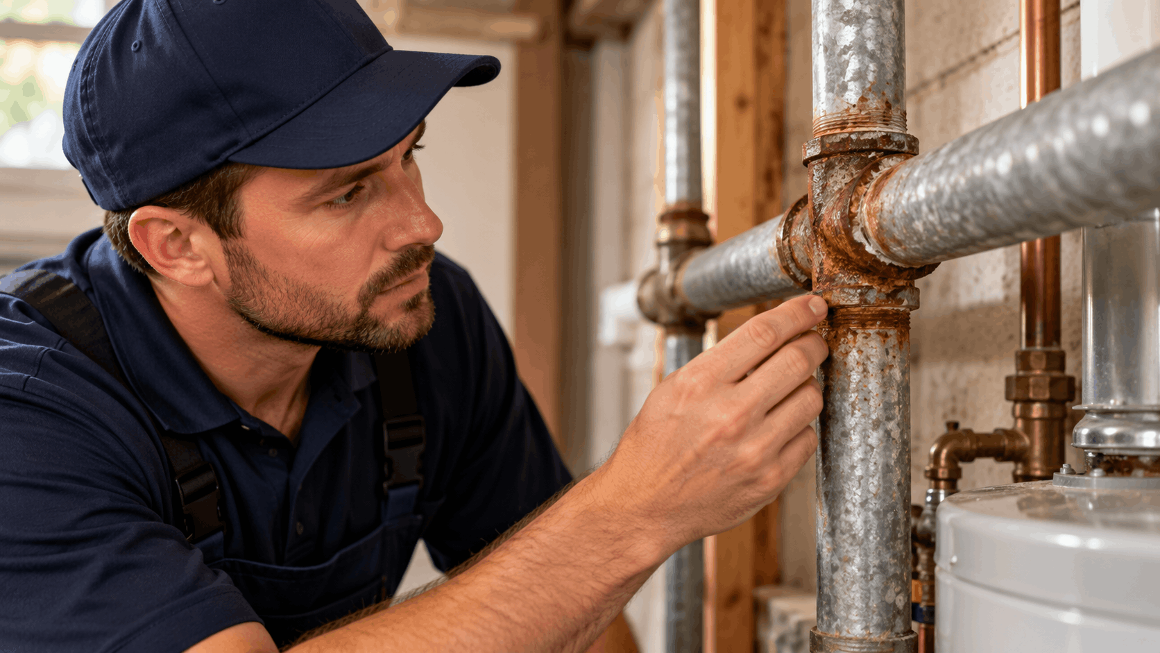 Plumber inspecting heavily corroded rusty galvanized pipes connected to water heater