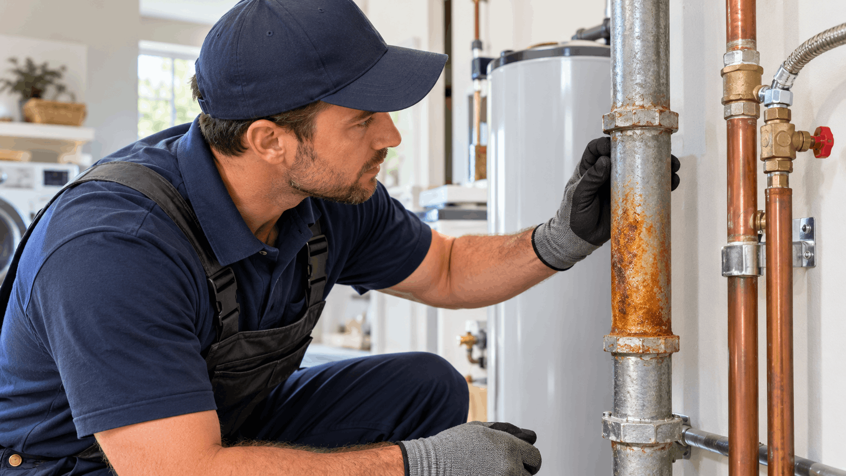 Plumber inspecting heavily corroded pipes next to copper water lines and water heater