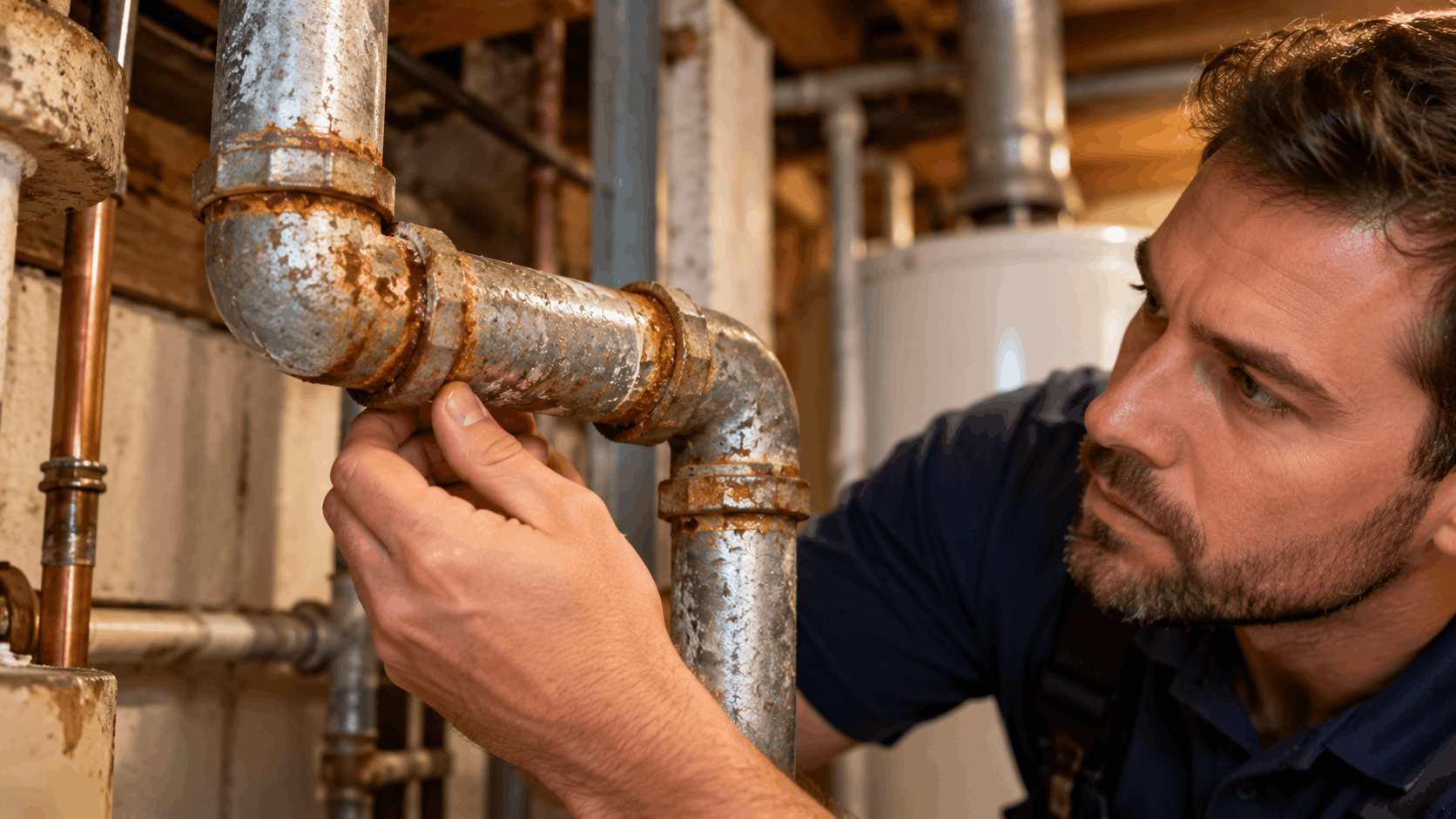 Plumber inspecting rusty galvanized pipes in Las Vegas home basement utility room